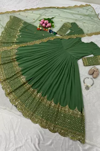 Olive green georgette embroidered with sequin anarkali suit