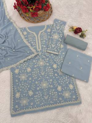 Sky blue color embroideried faux georgette semi stitched salwar suit 3