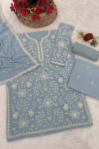 Sky blue color embroideried faux georgette semi stitched salwar suit