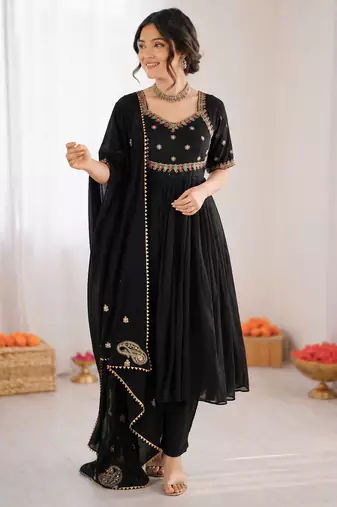 Black vichitra silk thread with sequin anarkali suit