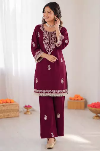 Maroon reyon thread work kurti with  pant