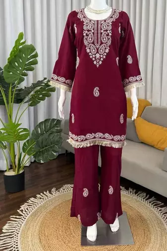 Maroon reyon thread work kurti with  pant