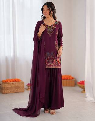 Purple reyon thread work farshi palazzo suit 2