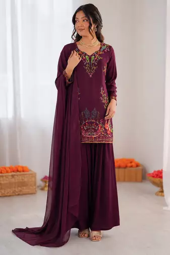 Purple reyon thread work farshi palazzo suit
