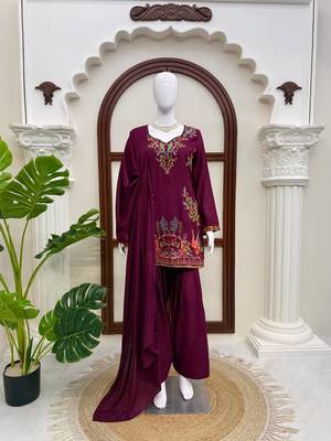 Purple reyon thread work farshi palazzo suit 3