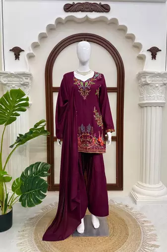 Purple reyon thread work farshi palazzo suit