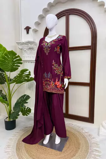 Purple reyon thread work farshi palazzo suit