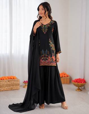 Black reyon thread work farshi palazzo suit 2