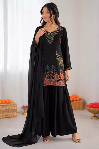 Black reyon thread work farshi palazzo suit