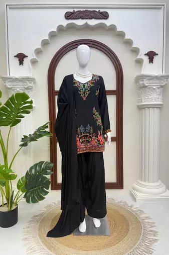 Black reyon thread work farshi palazzo suit