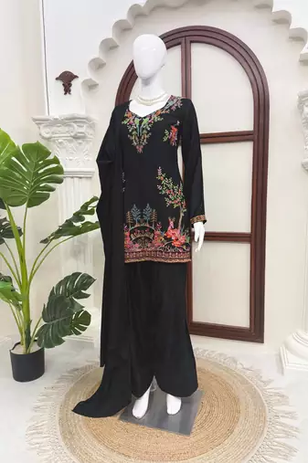 Black reyon thread work farshi palazzo suit