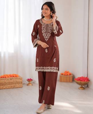 Brown reyon thread work kurti with  pant 2