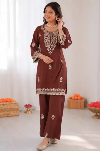 Brown reyon thread work kurti with  pant