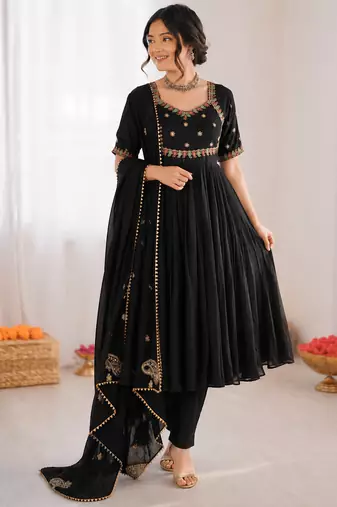 Black vichitra silk thread with sequin anarkali suit