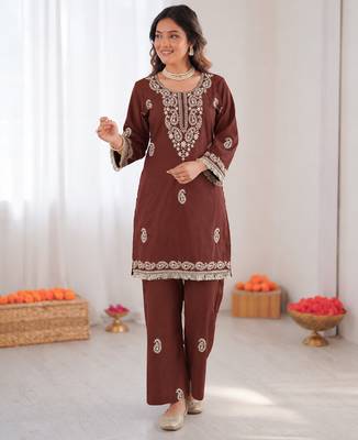 Brown reyon thread work kurti with  pant 3