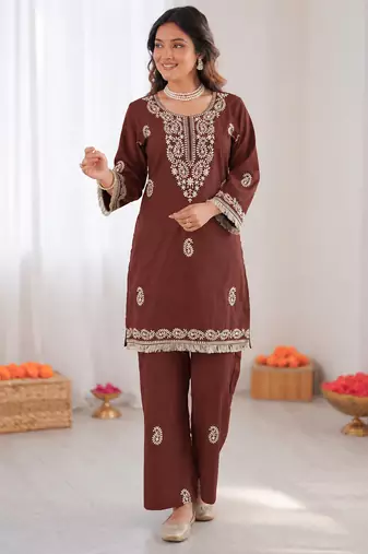 Brown reyon thread work kurti with  pant