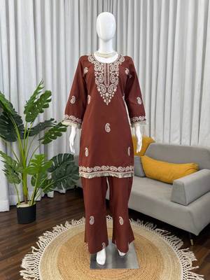 Brown reyon thread work kurti with  pant 4