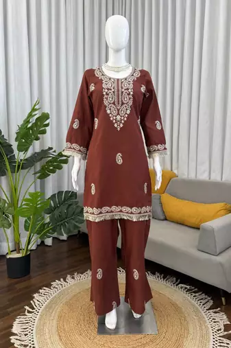 Brown reyon thread work kurti with  pant