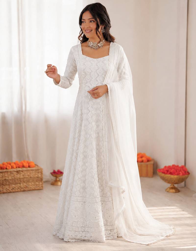 Off white georgette thread with sequin anarkali suit