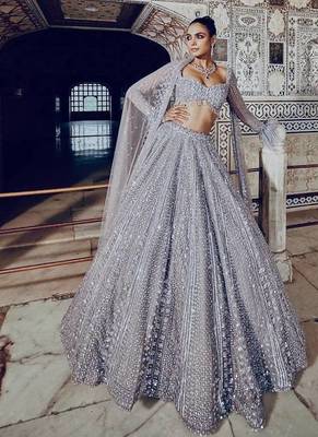 Women's Silver Grey Art Silk Sequins & Dori Work Bridal Lehenga Choli With Net Dupatta 1