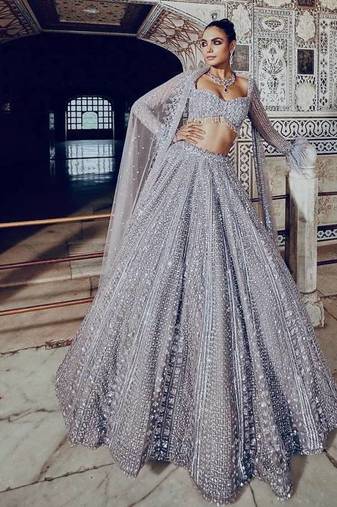 Women's Silver Grey Art Silk Sequins & Dori Work Bridal Lehenga Choli With Net Dupatta