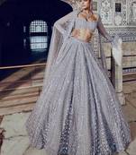 Women's Silver Grey Art Silk Sequins & Dori Work Bridal Lehenga Choli With Net Dupatta