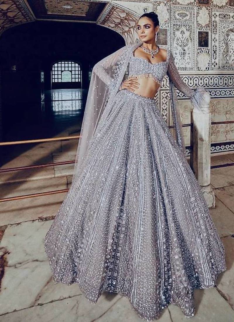 Women's Silver Grey Art Silk Sequins & Dori Work Bridal Lehenga Choli With Net Dupatta