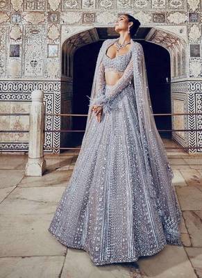 Women's Silver Grey Art Silk Sequins & Dori Work Bridal Lehenga Choli With Net Dupatta 2