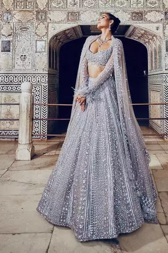 Women's Silver Grey Art Silk Sequins & Dori Work Bridal Lehenga Choli With Net Dupatta