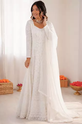 Off white georgette thread with sequin anarkali suit