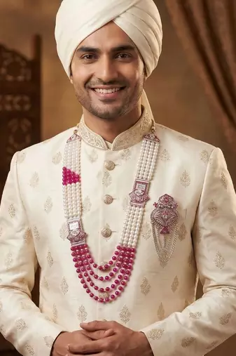 Traditional Groom Sherwani Mala Set with Brooch
