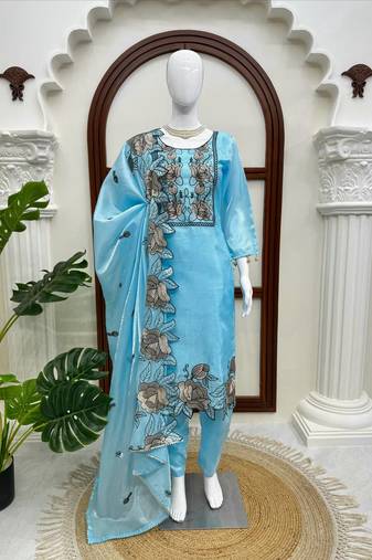 Sky blue art silk thread work  salwar suit