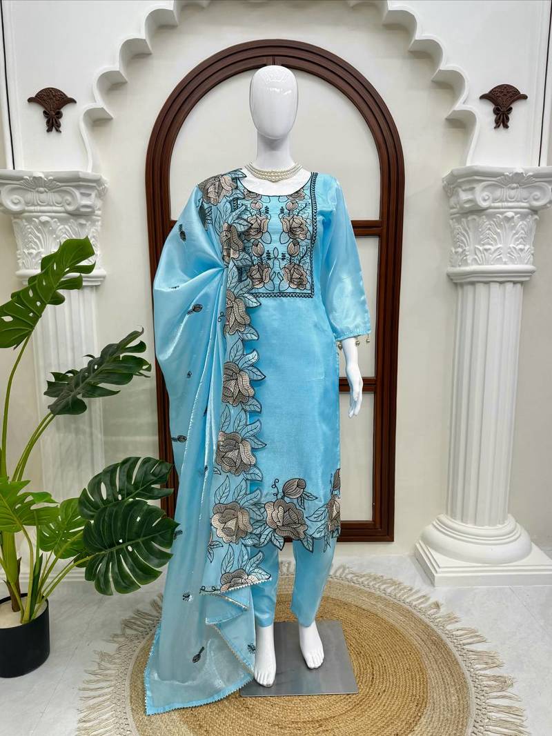Sky blue art silk thread work  salwar suit