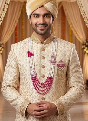 Traditional Groom Sherwani Mala Set with Brooch 6