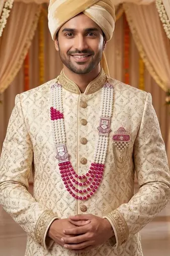 Traditional Groom Sherwani Mala Set with Brooch
