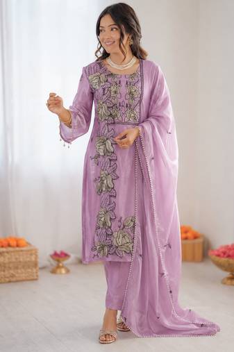Light lavender art silk thread work  salwar suit