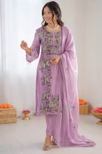 Light lavender art silk thread work  salwar suit