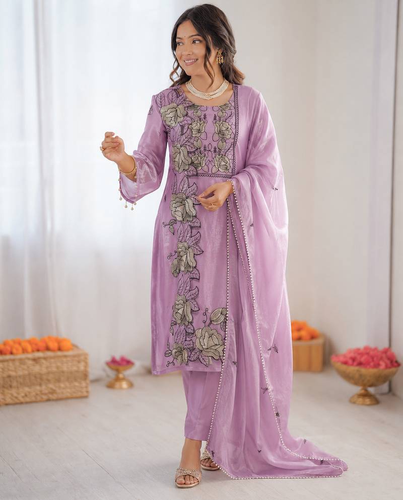 Light lavender art silk thread work  salwar suit