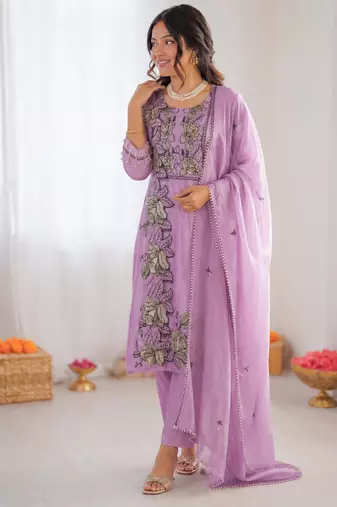 Light lavender art silk thread work  salwar suit