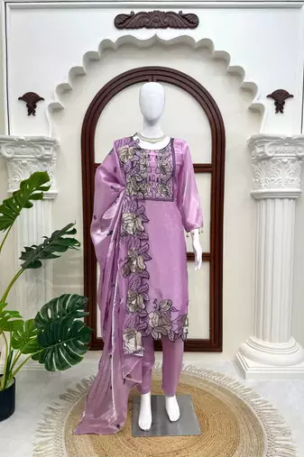 Light lavender art silk thread work  salwar suit