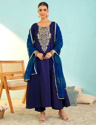 Women's Beautiful Embroidery Work Viscose Silk Fabric Flared Anarkali Pant and Dupatta Set 1