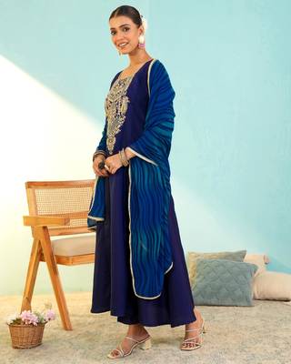 Women's Beautiful Embroidery Work Viscose Silk Fabric Flared Anarkali Pant and Dupatta Set 3