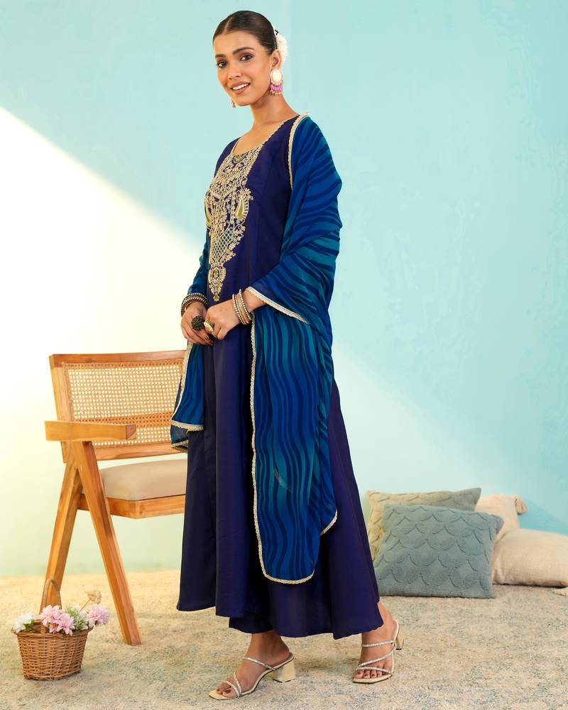 Women's Beautiful Embroidery Work Viscose Silk Fabric Flared Anarkali Pant and Dupatta Set