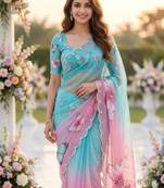 Soft Tabby With Beautiful 3d Digital Print And Khatali Handwork Women's Saree With Blouse Set 