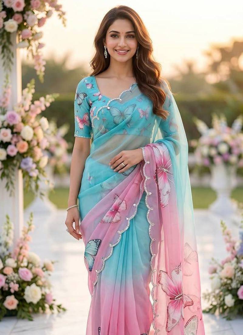 Soft Tabby With Beautiful 3d Digital Print And Khatali Handwork Women's Saree With Blouse Set 