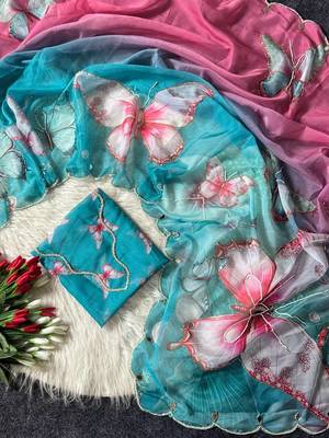 Soft Tabby With Beautiful 3d Digital Print And Khatali Handwork Women's Saree With Blouse Set  3