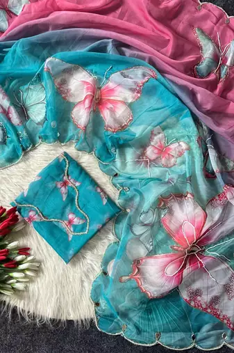 Soft Tabby With Beautiful 3d Digital Print And Khatali Handwork Women's Saree With Blouse Set 