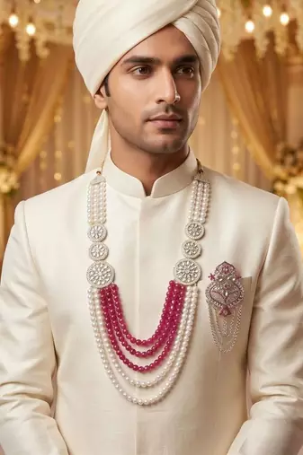 Royal Multi-Layered Groom Sherwani Mala with Decorative Brooch