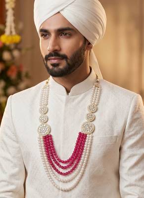 Designer pearl base metal and dulha sherwani moti mala haar necklace for groom 5