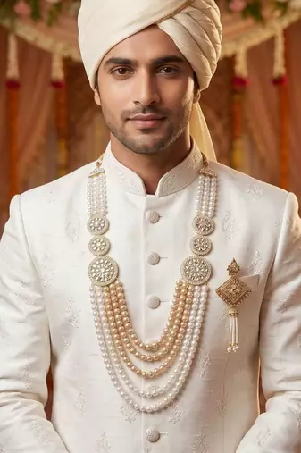 Royal Multi-Layered Groom Sherwani Mala with Decorative Brooch
